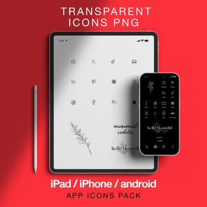 以下が含まれることがあります： タブレットとスマートフォンに白黒のアプリアイコンが表示されたデジタルイラスト。タブレットにはさまざまなソーシャルメディアのアイコンが表示され、電話には花の模様が表示されています。「TRANSPARENT ICONS PNG」と「iPad / iPhone / android APP ICONS PACK」の文字が見えます。