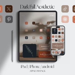 May include: A digital product mockup featuring a tablet and smartphone with app icons in a dark fall aesthetic. The color palette includes shades of brown, orange, and beige. The text on the image reads "Dark Fall Aesthetic" and "iPad/iPhone/android APP ICONS PACK."