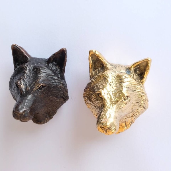 Brass Wolf knob, Animal Knob, Door knob, Solid Brass, Brass Cabinet Door, Animal drawer knob, Vintage door knob