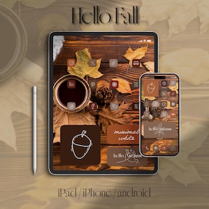 May include: A digital display featuring a fall theme with the text "Hello Fall." The display includes a tablet and a smartphone, both showcasing a wooden background with autumn leaves, a coffee cup, and acorn icons. The text "minimal white" is also visible.