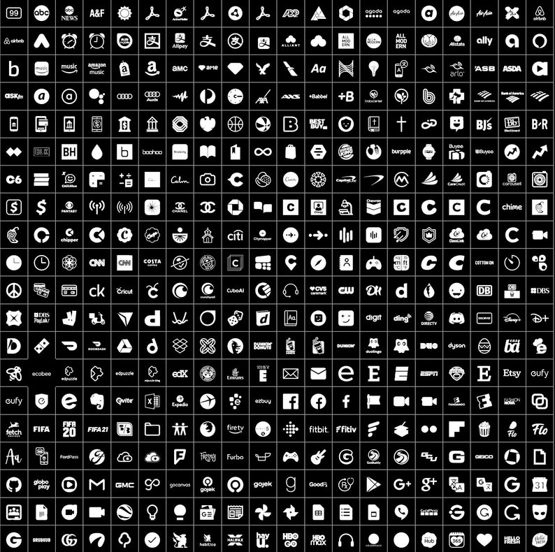 May include: A black and white image of 200+ logos from popular brands and companies. The logos are arranged in a grid pattern.