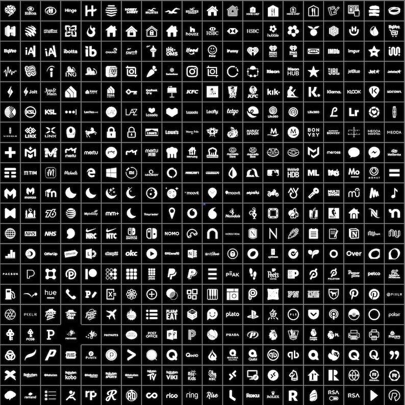 May include: A black and white image of 200+ logos, including popular brands like Amazon, Google, Facebook, Instagram, Twitter, and Netflix.