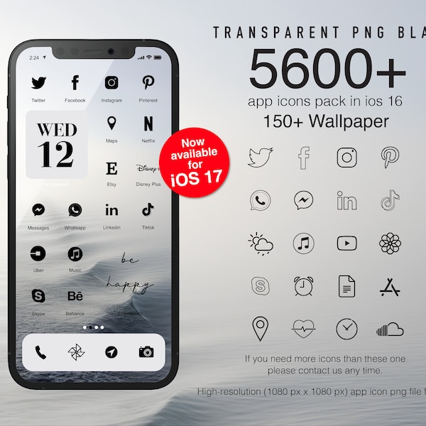 Transparent black icons Aesthetic l transparent PNG Icons l 5600+ App icons Pack for IOS 14 15 16 l Widgetsmith l Wallpaper l icons theme