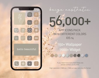 Op de afbeelding: Een beige esthetische telefoonmockup met een verscheidenheid aan app-pictogrammen in een rasterindeling. De pictogrammen zijn in een minimalistische stijl met een beige kleurenschema. De tekst "hello beautiful" wordt op het scherm weergegeven. De afbeelding bevat ook een kleurenpalet in beige, grijs en wit.