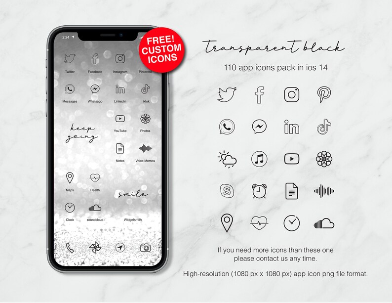 Transparent black Aesthetic App icons Pack for IOS 14 l 110 Etsy
