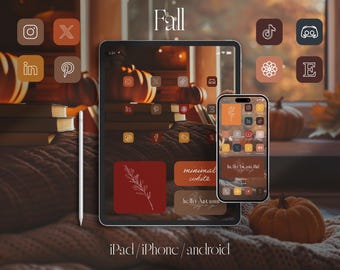 May include: A digital display with a seasonal autumn theme. The image shows a tablet and a smartphone with custom app icons in orange and brown hues. The word "Fall" is at the top, with the text "iPad/iPhone/android" at the bottom.