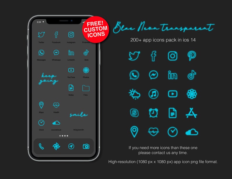 Neon Blue Transparent Aesthetic App Icons Pack for IOS 14 L Etsy