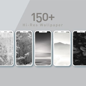 May include: Five smartphone mockups displaying black and white images. The text "150+ Hi-Res Wallpaper" is displayed above the mockups.