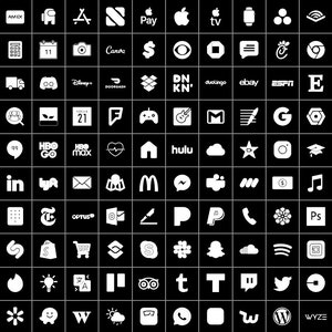 May include: A black and white grid of 100 popular social media and app logos, including Facebook, Instagram, Twitter, YouTube, Amazon, and more.