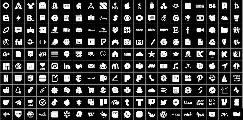 May include: A black and white grid of 100 popular social media and app logos, including Facebook, Instagram, Twitter, YouTube, Amazon, and more.