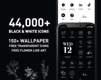 Black and White icons app l Aesthetic App icons Pack IOS 14 15 16 17 l Android l wallpaper l Widget l 44,000+ App icons Pack l transparent