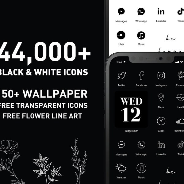 Black and White icons app l Aesthetic App icons Pack IOS 14 15 16 17 l Android l wallpaper l Widget l 44,000+ App icons Pack l transparent