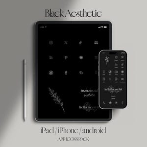 Op de afbeelding: Zwart esthetisch app-icoonpakket voor iPad, iPhone en Android. De afbeelding toont een zwarte tablet en smartphone met witte iconen. De tablet toont social media-iconen en de telefoon toont bloemeniconen. De tekst "minimal white" en "hello beautiful" zijn ook zichtbaar.