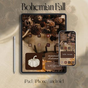 May include: A digital display featuring a fall theme with a tablet and smartphone. The tablet displays a pumpkin graphic and the words "minimal Autumn". The smartphone shows the words "hello Autumn". The image includes the text "Bohemian Fall" and "iPad/iPhone/android".