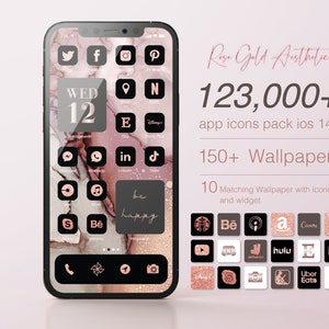 May include: A mockup of an iPhone screen with a rose gold aesthetic app icon pack for iOS 14. The screen shows a calendar widget with the date "WED 12", and a variety of app icons with rose gold accents. The text "Rose Gold Aesthetic" and "123,000+ app icons pack ios 14" is displayed above the phone.