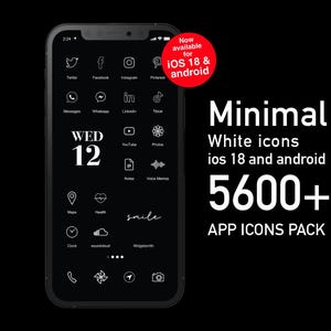 Iconos de aplicaciones minimalistas en blanco y negro sobre fondo negro l Más de 5600 iconos de aplicaciones para iOS 14 15 16 17 18 l Android l Estético l Fondo de pantalla