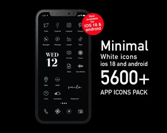 May include: A smartphone screen shows a minimalist app icon pack with white icons on a black background. The screen displays various app icons, the date, and the text "Minimal White icons ios 18 and android 5600+ APP ICONS PACK."