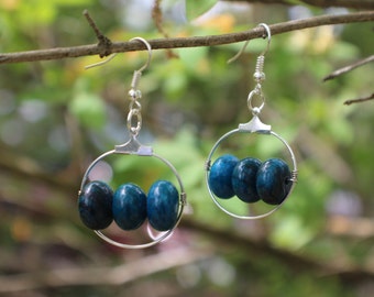 Wire Wrapped Hoop Earrings with Blue Stone Beads in Silver **FREE SHIPPING**