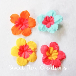 Hibiscus edible fondant flowers 12pcs 2&quot;  luau cupcake toppers bright color tropical Hawaiian flower cake topper hot pink wild orange