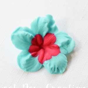Teal hibiscus edible fondant flowers 2&quot;  luau cupcake toppers bright color tropical Hawaiian flower cake topper teal  hot pink