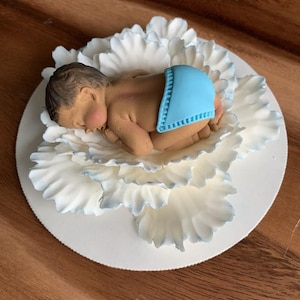 baby shower cake topper/Boy baby shower cake topper baby on flower fondant edible white peony blue Sweet New Creations