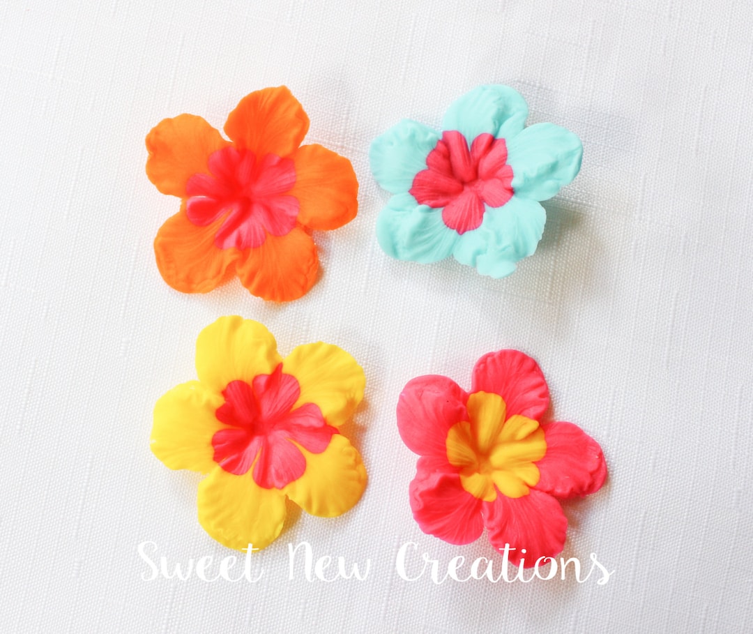 Hibiscus Edible Fondant Flowers 12pcs 2 Luau Cupcake Toppers Bright