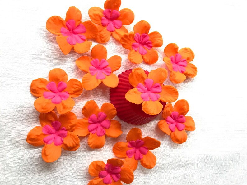 Orange Hibiscus edible fondant flowers 2 luau cupcake | Etsy