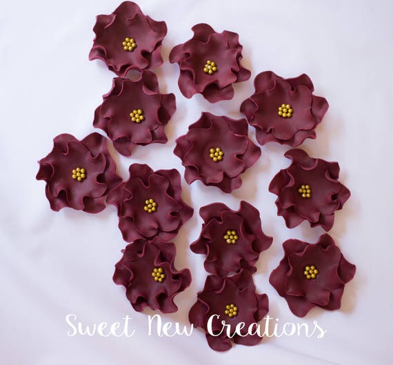 12 Edible Dark Red//Burgundy Chrysanthemums Wedding Flower Cake Decoration Topper