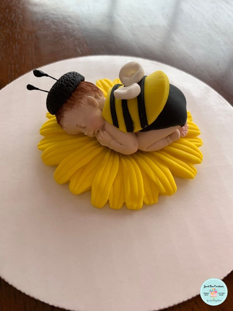 bumble bee sunflower baby shower cake topper yellow peony baby on flower cake topper edible fondant flower baby by SweetNewCreations