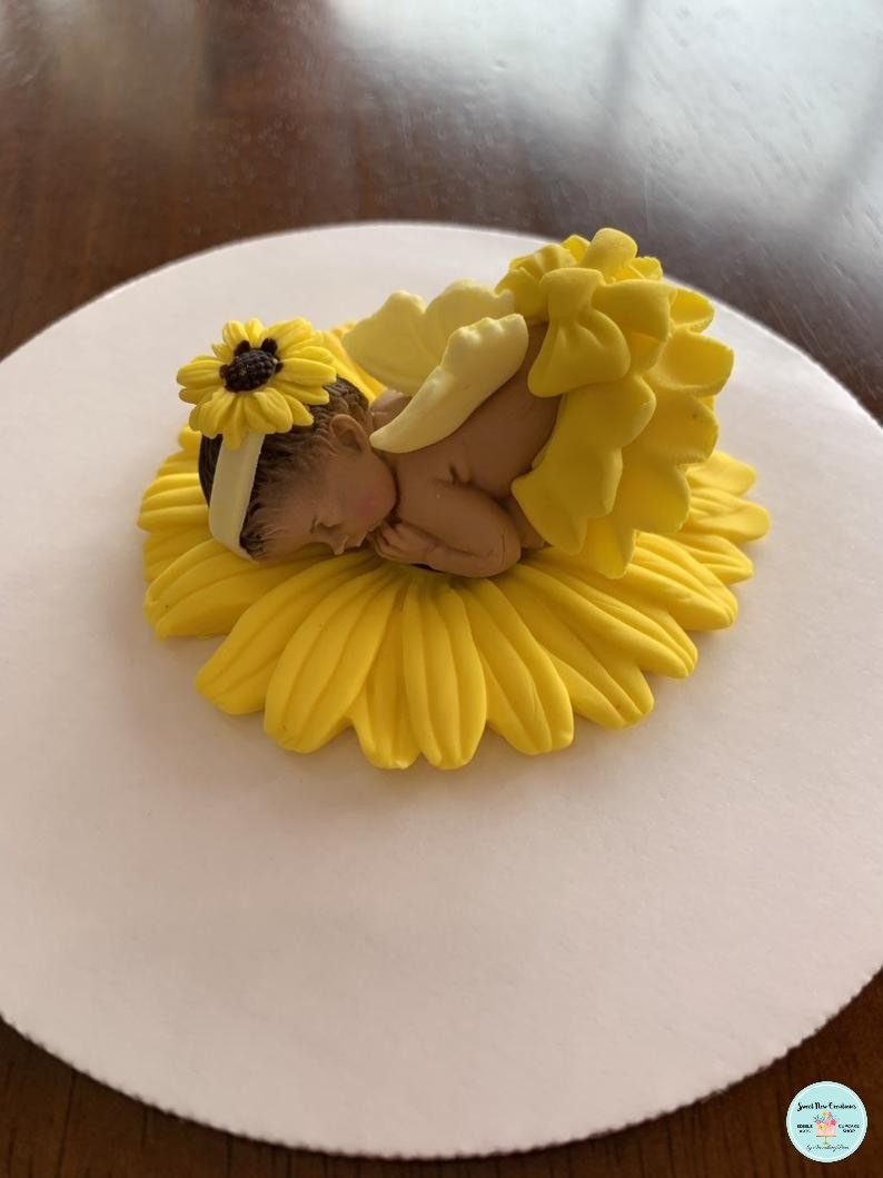 Sunflower Bumble Bee Baby Shower Cake Topper Yellow Peony Baby on Flower Cake  Topper Edible Fondant Flower Baby by Sweetnewcreations 