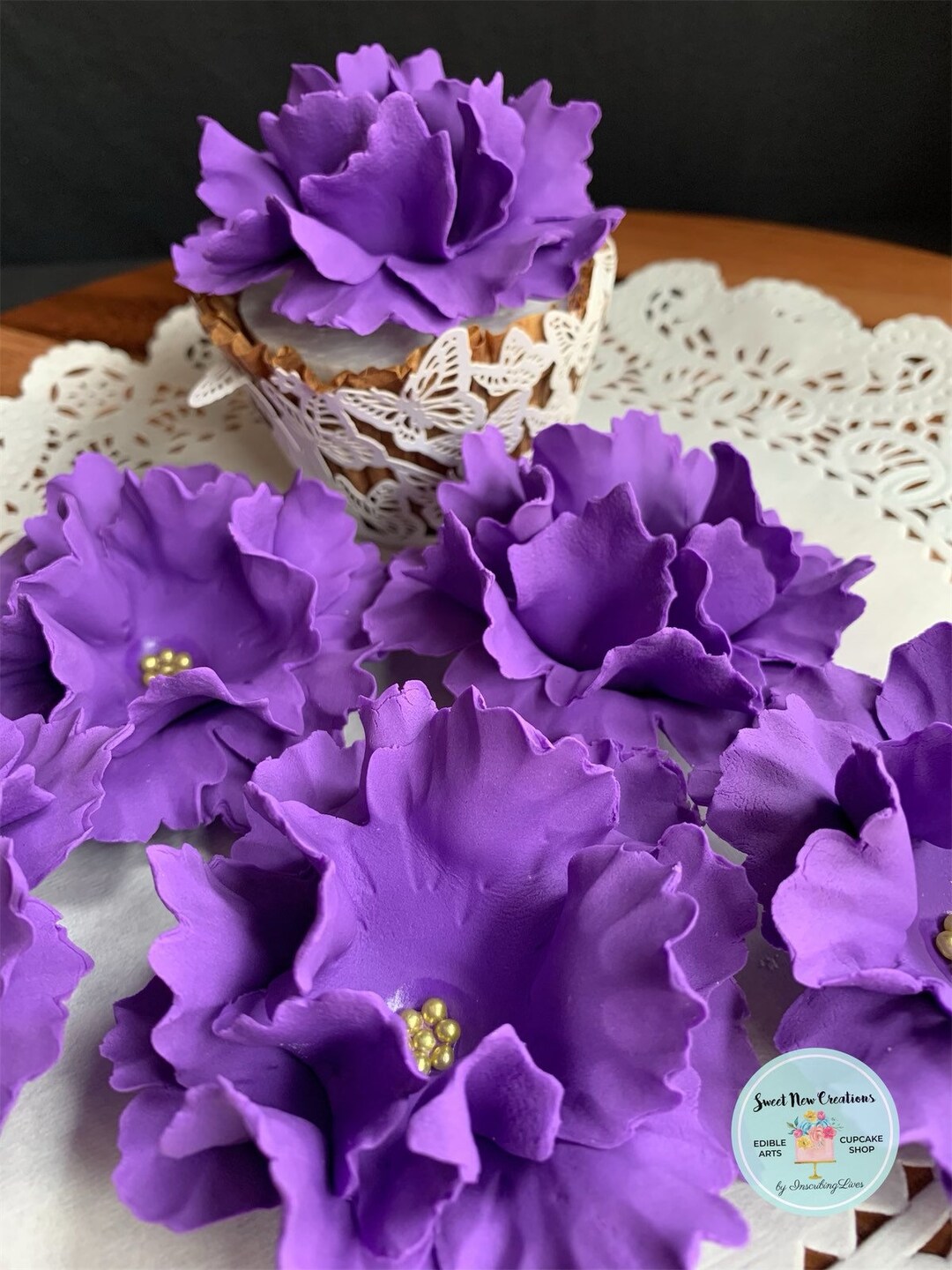 Purple Fondant Flowers Ruffle Peony Edible Flowers for Cupcake Vintage