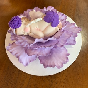 baby shower cake topper/lavender baby shower cake topper girl baby on flower fondant edible peony rose fairy fantasy Sweet New Creations