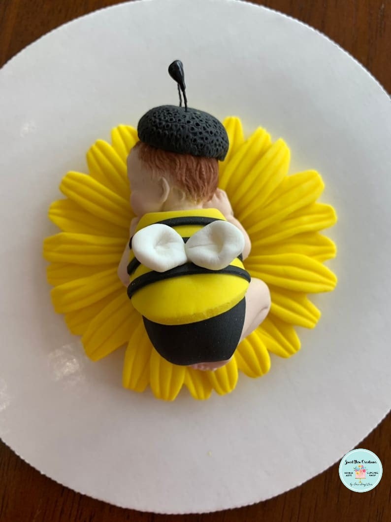 bumble bee sunflower baby shower cake topper yellow peony baby on flower cake topper edible fondant flower baby by SweetNewCreations