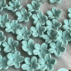 mini edible flowers fondant teal blossoms 36pcs 1.25&quot;  aqua blue cupcake toppers wedding tropical Hawaiian sugar buds cake pops decoration