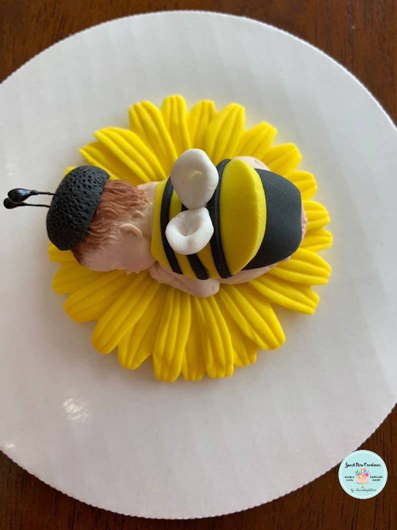 bumble bee sunflower baby shower cake topper yellow peony baby on flower cake topper edible fondant flower baby by SweetNewCreations