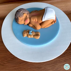 Blue baby shower cake topper fondant Baby boy on a blue circle with a teddy bear edible baby cake topper Sweet New Creations
