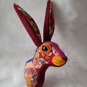 Hand stitched life size hare head wall mounted fabric rabbit replica- Kitsumi the hare