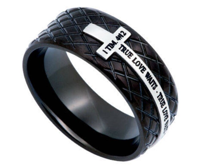 Black Diamond Back Cross Ring "True Love Waits"