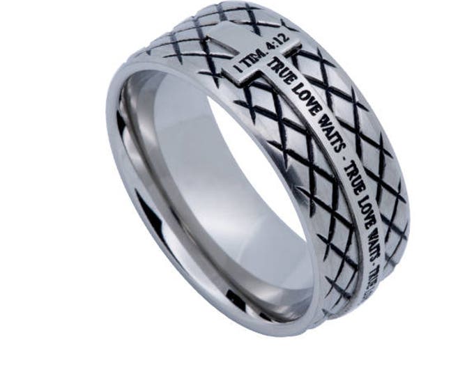 Silver Diamond Back Cross Ring "True Love Waits"