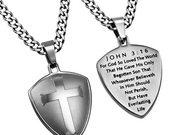 Silver R2 Shield Cross "John 3:16"