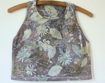 Printed with Leaves and Flowers Natural dyed eco-print cropped tank Organic Cotton with Lycra Yoga Top