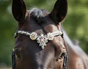 Bride De Dressage Cheval – Cuir Blanc – Bande De Front Cristal V Et Bande De Nez Brevetée – NEUVE