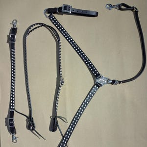 Black Leather Western Horse Tack Set | Basket Stamped Headstall Breast Collar White Inlay | Adjustable Silver Buckle | Rodeo Trail Riding