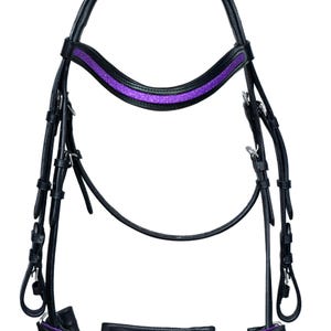 Black Leather Horse Bridle with Purple Glitter Padded Browband & Noseband | Handmade English Style Bridle for Dressage Show Everyday Riding