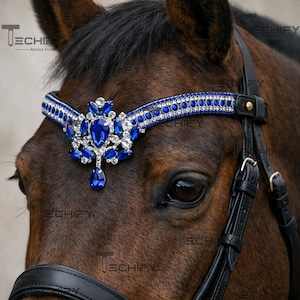 May include: A close-up of a horse wearing a blue and silver jeweled browband. The browband features a central cluster of large blue gems and smaller clear stones, with a matching teardrop pendant. The horse's dark coat contrasts with the bright browband.