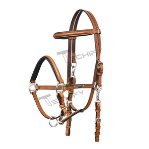 Puede incluir: Un cabezal de caballo de cuero marrón con herrajes metálicos plateados. El cabezal presenta una muserola y una testera acolchadas, con correas y hebillas ajustables. El diseño incluye una cabezada, carrilleras y una ahogadero.
