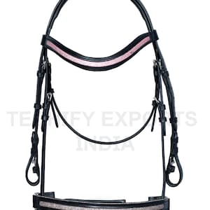 Handmade Black Leather Horse Bridle with Pink Glitter Padded Browband and Noseband – English Style Bridle for Dressage & Show Riding