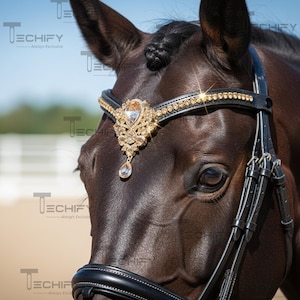Frontalera artesanal de cuero negro con pedrería dorada, elegante adorno para brida de caballo