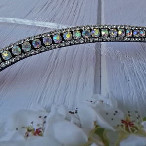 Crystal Browband V Shape | White Silver Rainbow Rhinestones on Black Leather | Sparkling Horse Tack for Bridles | English Riding Accessory