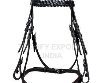 Handmade Black Leather Horse Bridle: Braided Browband, Stainless Steel